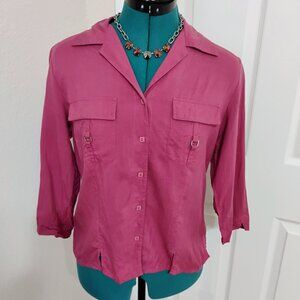 Bay Studio Magenta Button Up Three-quarter Sleeves Two Pocket Blouse Size Small